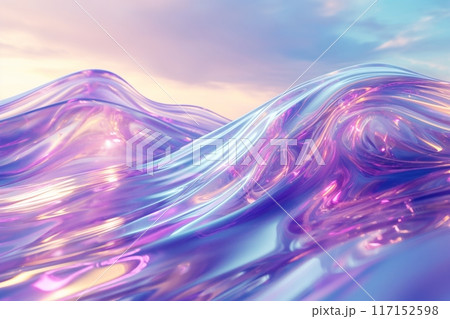 Translucent abstract waves in vibrant blue and pink hues, creating a serene and glossy landscape 117152598
