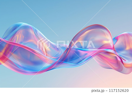 Fluid abstract 3D render with flowing, transparent ribbons in pastel pinks, blues, and yellows 117152620