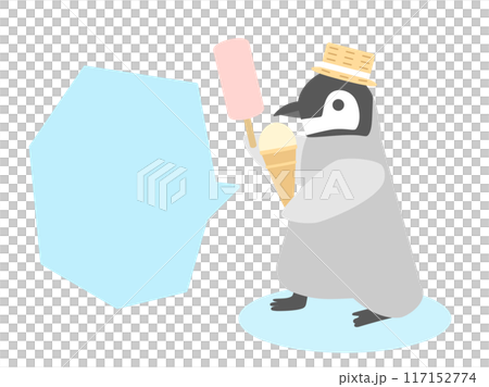 Illustration of a penguin wearing a straw hat and holding an ice cream (with speech bubble version) Illustration of a penguin wearing a straw hat and holding an ice cream (with speech bubble version) 117152774