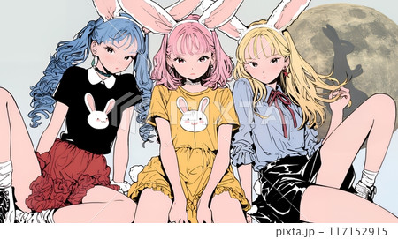コギャルたちのお月見：ウサギ耳のコスプレで仲間とお祭り