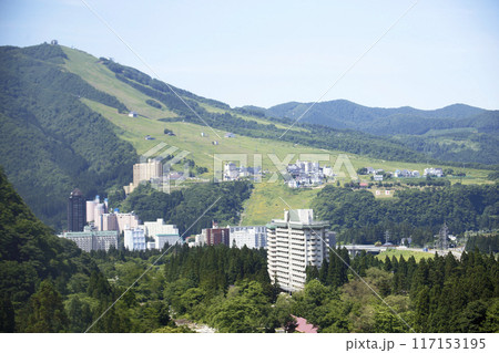 緑の草原に覆われた夏のスキー場斜面 117153195