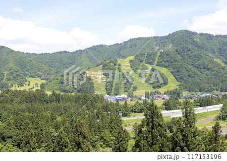 緑の草原に覆われた夏のスキー場全景 117153196