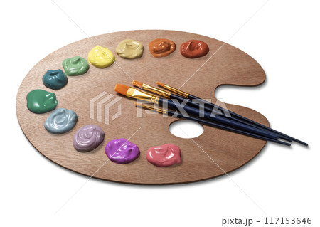 絵の具と絵筆の載った木製のパレット 絵の具と絵筆の載った木製のパレット 117153646