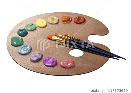 絵の具と絵筆の載った木製のパレット 絵の具と絵筆の載った木製のパレット 117153650