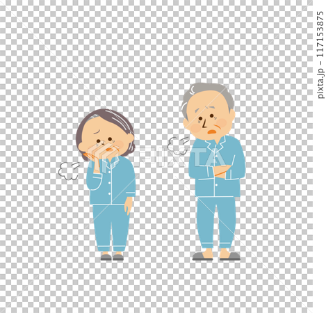 Cute illustration of a senior man and a senior woman wearing pajamas 117153875