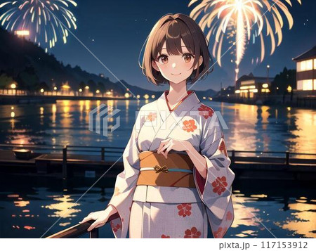 花火を楽しむ浴衣の女性 花火を楽しむ浴衣の女性 117153912