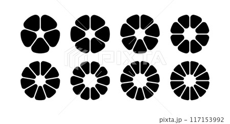 Circle division infographic icon set. Pie chart divided 8,9,10 equal parts. Pizza or flower round diagram. Infographic wheel segment and fraction. Vector illustration isolated on white background Circle division infographic icon set. Pie chart divided 8,9,10 equal parts. Pizza or flower round diagram. Infographic wheel segment and fraction. Vector illustration isolated on white background 117153992