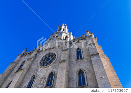 tower and spire of the gothic old ancient Catholic Cathedral. Polish Church Cathedral of the Sacred Heart of Jesus in Tashkent in Uzbekistan 117153997