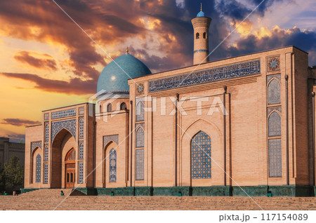 ancient Muslim Islamic mosque Hazrati Imam in Tashkent in Uzbekistan. Architectural complex Hast-Imam 117154089