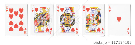 ロイヤルストレートフラッシュの手札。　ポーカー、幸運のイメージ 117154193