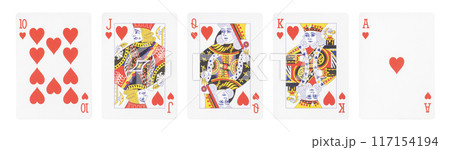 ロイヤルストレートフラッシュの手札。 ポーカー、幸運のイメージ ロイヤルストレートフラッシュの手札。 ポーカー、幸運のイメージ 117154194