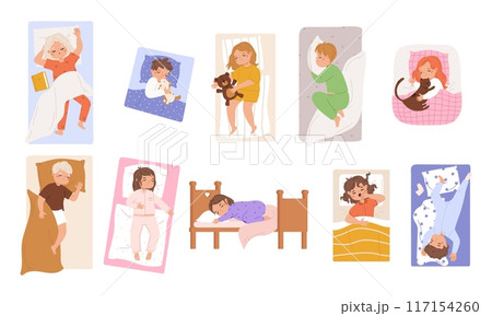 Cute sleeping kids. Children sleep in bed and on mattresses. Child night rest with toy and animal, with blanket and pillow. Toddler relaxing snugly vector set Cute sleeping kids. Children sleep in bed and on mattresses. Child night rest with toy and animal, with blanket and pillow. Toddler relaxing snugly vector set 117154260