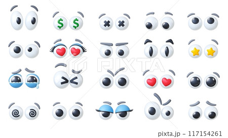 3d plastic googly eyes. Comic eye different emotions. Expression eyeballs for puppets, romantic happiness angry sad look. Realistic pithy vector collection 117154261