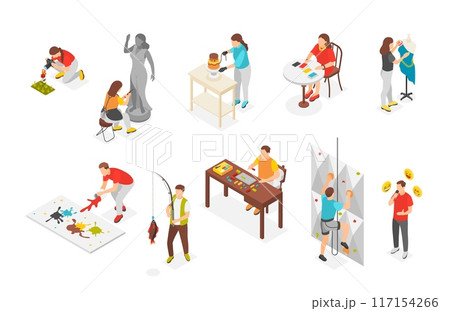 Isometric hobby. People sewing planting painting fishing baking. Young men women, artists photographer and fashion designer, flawless vector set 117154266