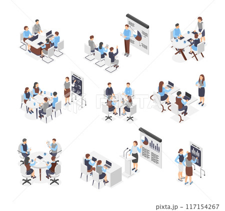 Isometric business meeting. Office managers work processes. Team leader presentation, speakers and corporate trainings. Start up flawless vector scenes 117154267