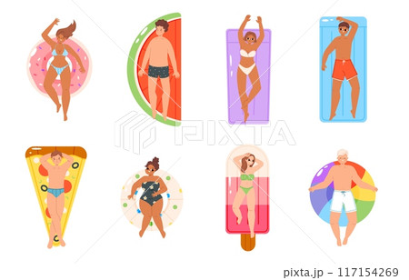 People on inflatable toys. Cute adults sunbathing on rubber mattresses and rings. Pizza slice donut ice cream watermelon. Vacations snugly vector set People on inflatable toys. Cute adults sunbathing on rubber mattresses and rings. Pizza slice donut ice cream watermelon. Vacations snugly vector set 117154269