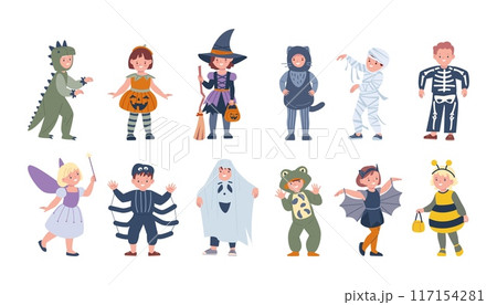 Children in halloween costumes. Funny little kids wear festival costume. Scary carnival clothes for child, cute toddlers kicky vector characters 117154281