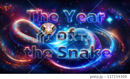 Text "The Year of the Snake" with galaxy background, Astrology concept. 117154309