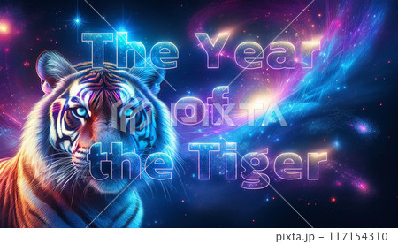 Text "The Year of the Tiger" with galaxy background, Astrology concept. 117154310
