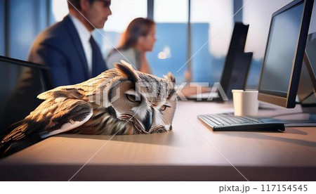 職場に机で居眠りをするフクロウ だるい やる気なし 職場に机で居眠りをするフクロウ だるい やる気なし 117154545