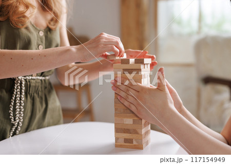 two women playing a board game made of wooden blocks at home, excitement and relaxation, mind development concept, hand motor skills, two women playing a board game made of wooden blocks at home, excitement and relaxation, mind development concept, hand motor skills, 117154949