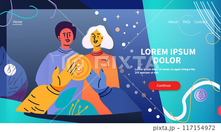 Two people holding a coin with dollar sign abstract background stars and shapes blue and orange tones modern design business concept 117154972