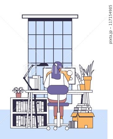 Person working at desk home office minimalistic style plants bookshelves large window Person working at desk home office minimalistic style plants bookshelves large window 117154985