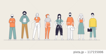 Diverse group of people standing in line wearing casual clothing in a minimalistic flat design with various poses against a neutral background in a Diverse group of people standing in line wearing casual clothing in a minimalistic flat design with various poses against a neutral background in a 117155006