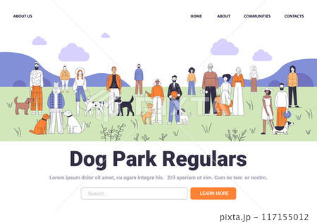 Dog park scene with diverse people and various dogs casual outdoor setting with hills clouds and grass colorful and modern style 117155012