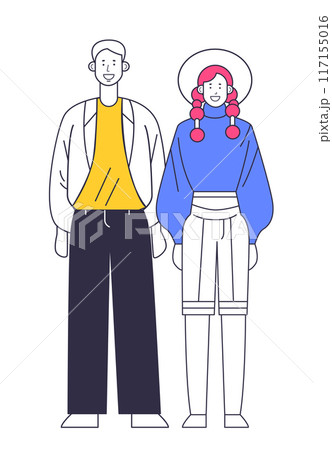 Stylized of a smiling man and woman standing side by side featuring simple lines modern clothing and vibrant colors 117155016