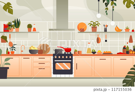 Modern kitchen interior with plants cooking utensils stove and cabinets cozy home decor Modern kitchen interior with plants cooking utensils stove and cabinets cozy home decor 117155036