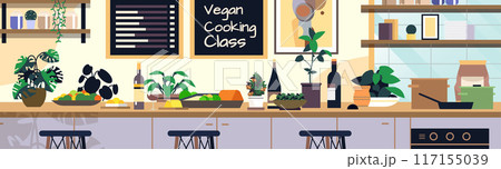 Vegan cooking class kitchen scene with plants fruits vegetables bottles and cookware on a countertop modern interior design Vegan cooking class kitchen scene with plants fruits vegetables bottles and cookware on a countertop modern interior design 117155039