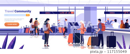 Travelers at airport terminal with luggage diverse people checking in boarding pass and waiting in line modern interior design 117155049