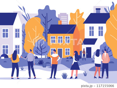 Community people gathering neighborhood houses trees buildings colorful 117155066