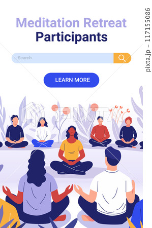 Meditation retreat participants sitting in a circle practicing mindfulness surrounded by nature plants flowers community wellness gathering website design Meditation retreat participants sitting in a circle practicing mindfulness surrounded by nature plants flowers community wellness gathering website design 117155086