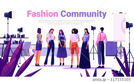 Fashion community group of people in studio with lights and equipment various outfits and styles plants in foreground modern design 117155105