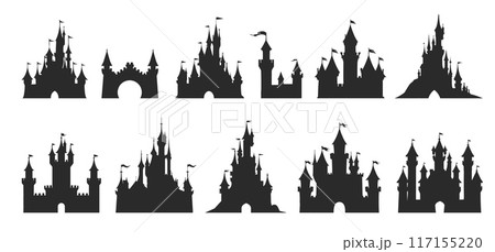 Medieval and fairytail castle silhouettes set. Plain black towers bridges and passages. Font view. Medieval fortresses and strongholds. Storybooks design element. Isolated vector clipart collection 117155220