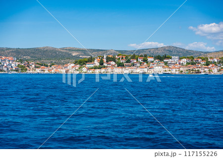 Panoramic wiew of Rogoznica town from blue Adriatic sea in Croatia 117155226