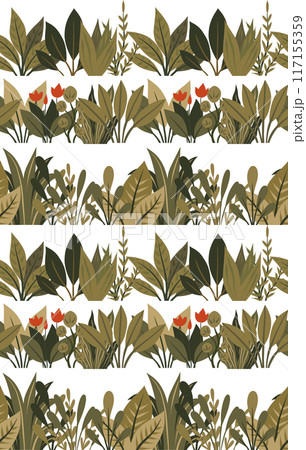 Vector seamless pattern with flat hand drawn plants and flowers in row on white background. Horizontal fence texture with various leaves 117155359