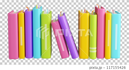 Stack of paper vertical standing books with bright hardcover and bookmarks. Cartoon 3d render illustration of stacked literature for read and education design. Textbook pile for store or library. 117155426
