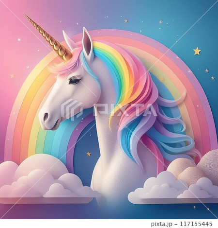 虹色の立て髪のある美しく幻想的なユニコーンのイラスト素材