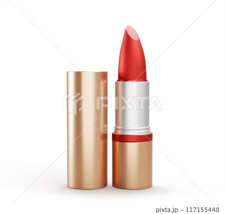 Red lipstick mockup 3d render icon. Cosmetic makeup beauty product template. Realistic pomade, luxury gold tube with open cap, lip gloss, design element isolated on white background. 3D illustration 117155448