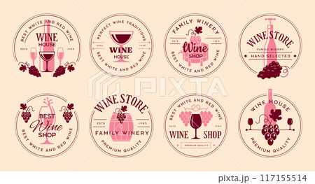 Wine market. Alcohol badges with wine bottles and grape stylized pictures and place for personal text recent vector templates Wine market. Alcohol badges with wine bottles and grape stylized pictures and place for personal text recent vector templates 117155514