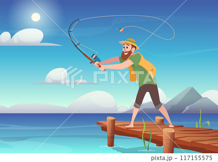 fisherman. character with fisher rod fishing on the river. vector cartoon outdoor background 117155575