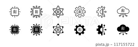 AI icon set. Line and glyph AI technology. Artificial intelligence chip and processor 117155722