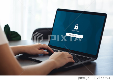 Woman hand typing password security login in laptop computer. 117155893