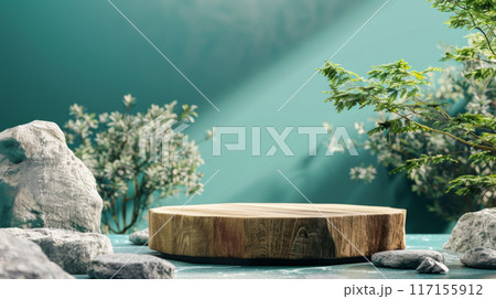 Wooden Platform Surrounded by Rocks and Greenery 117155912