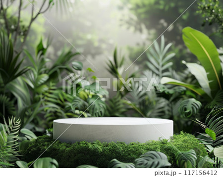 White Circular Pedestal in a Lush Green Forested Setting 117156412