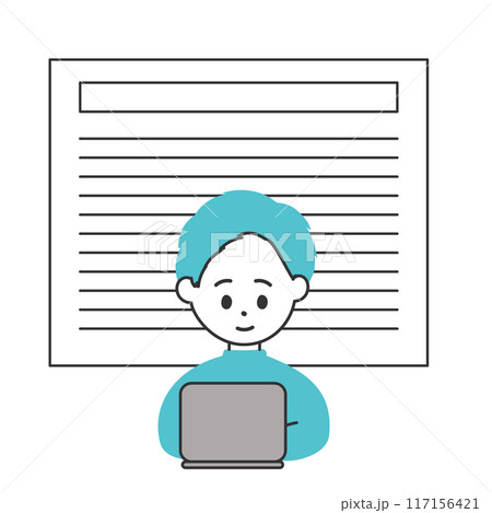 ノートパソコンで記事執筆をしている男性のイラスト ノートパソコンで記事執筆をしている男性のイラスト 117156421