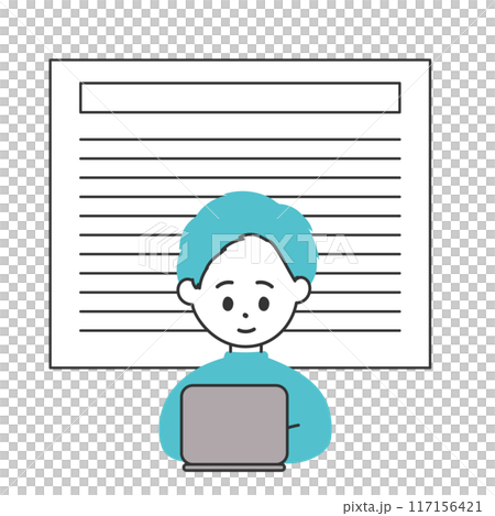 ノートパソコンで記事執筆をしている男性のイラスト ノートパソコンで記事執筆をしている男性のイラスト 117156421